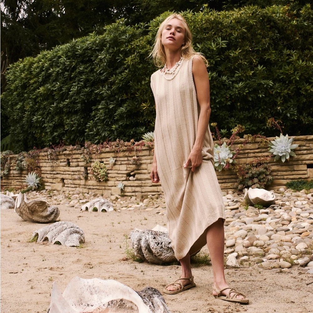 Camel / Tan Wide Ribbed Sweater Tank Midi / Maxi Dress